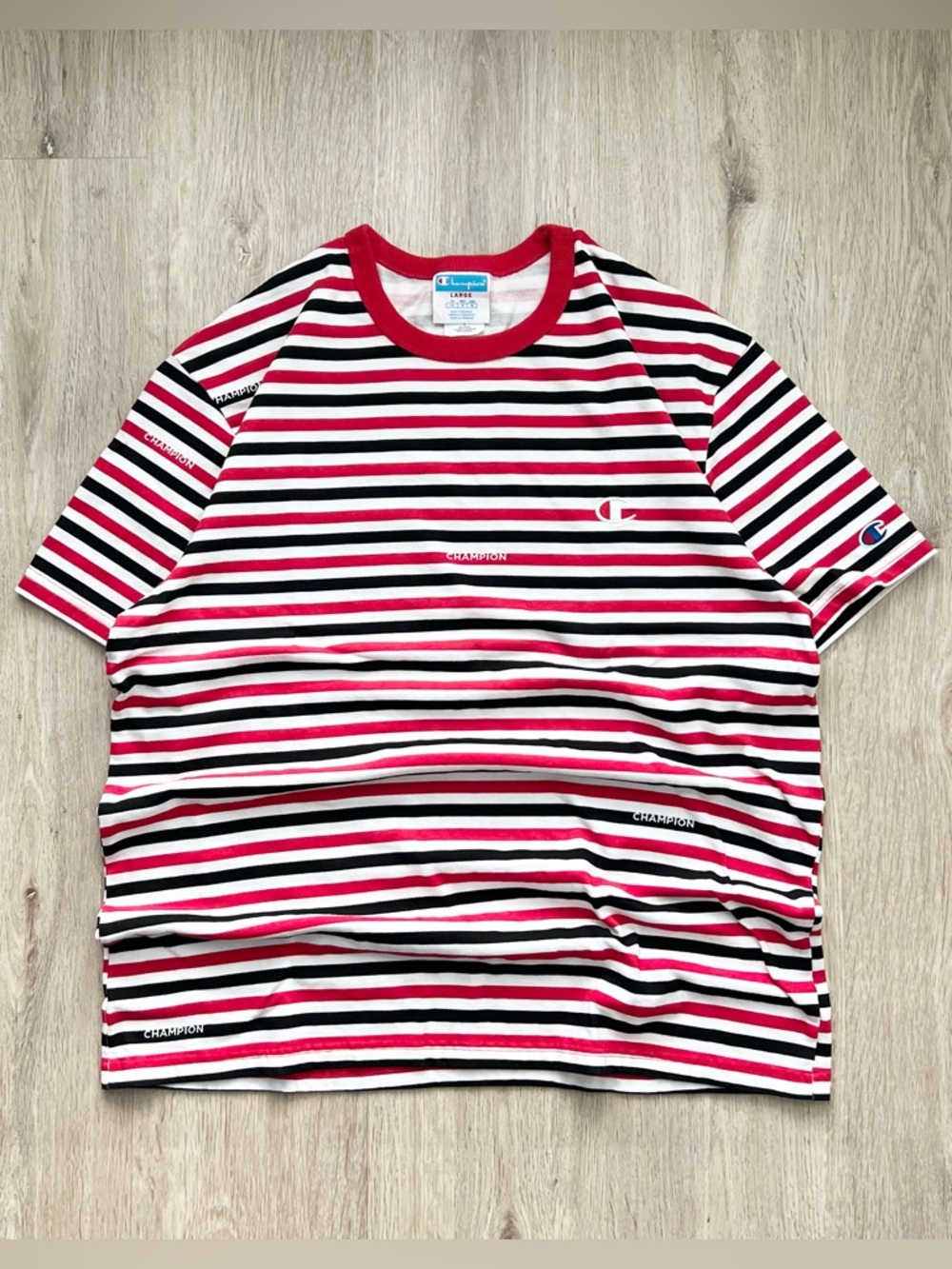 Vintage Y2K Champion Shirt Mens L Red Striped Embroidered Short Sleeve Spell Out